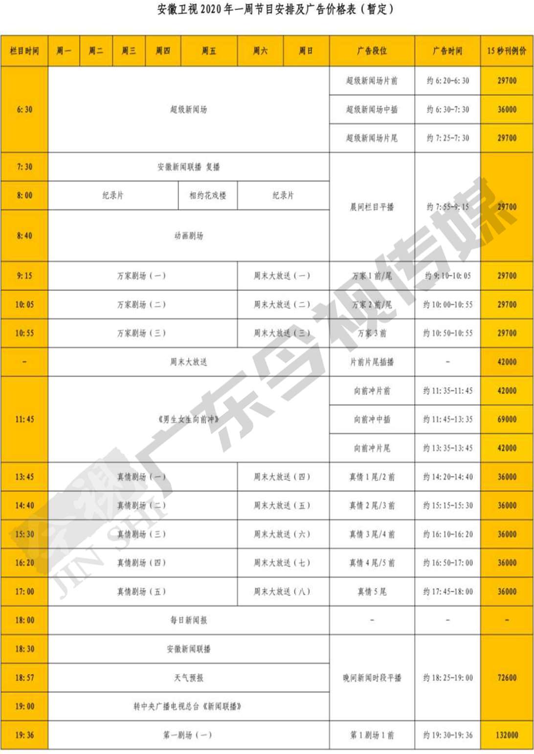 安徽卫视广告价格 安徽卫视广告价格